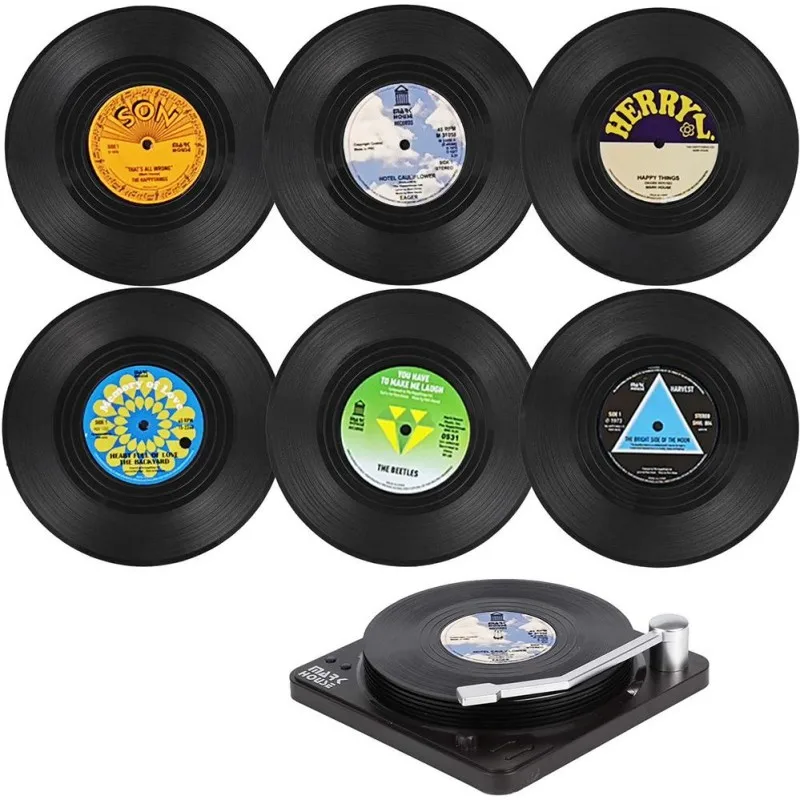 

6pc Heat Resistant Coffee Coasters, Plastic Retro Record Design Anti-slip Drink Mats for Table Home Decor​