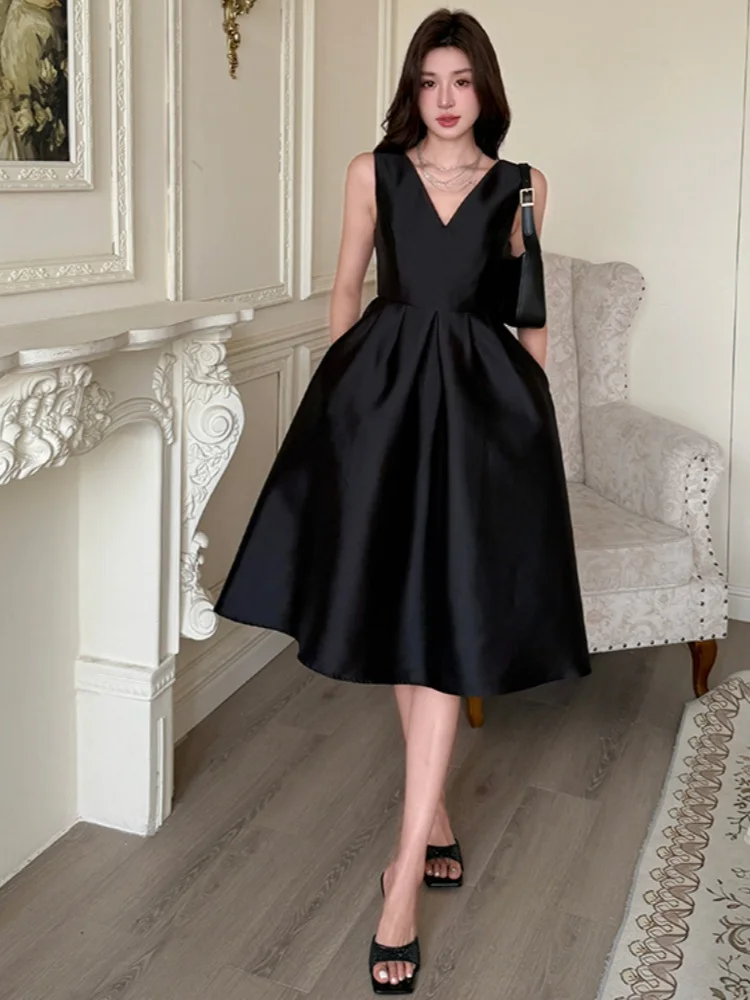 SMTHMA فستان صيفي جديد أسود مثير برقبة على شكل حرف v من الساتان الراقية للنساء بخصر نحيف بدون أكمام للحفلات