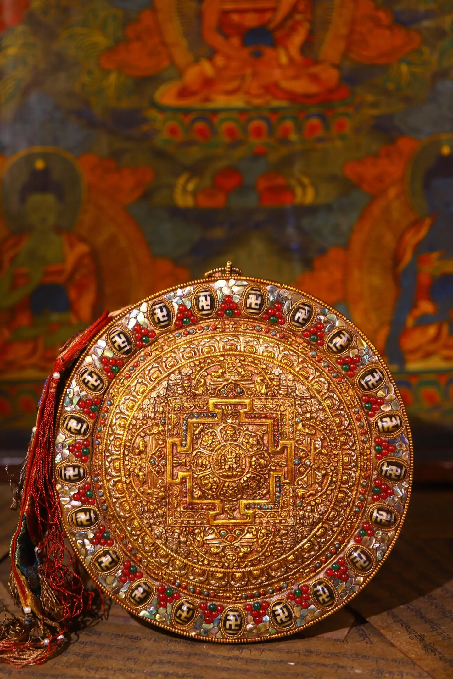 Thang-ga Old Tibetan silver Gilded Mosaic Gem gZi Beads Turquoise Eight  Treasures Vajra Thangka hanging panel