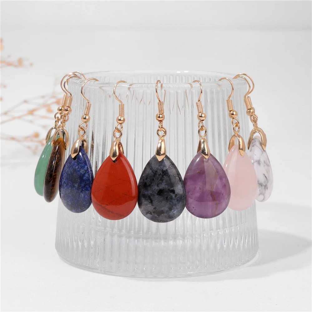 Natural Amethysts Earrings Water Drop Shape Quartzs Labradorite Tiger Eye Stone Charm Eardrop Dangle Earrings For Women Jewelry