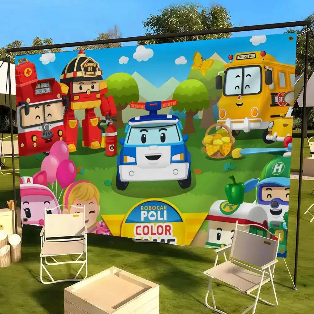 Banderas R-Robocar POLI, decoración para el hogar, patio y jardín, bandera para colgar en la pared para interiores y exteriores