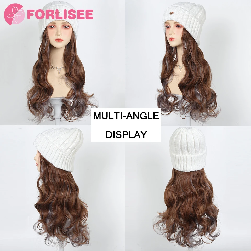 White Hat Wig Beanies Hat With Hair Wigs For Women Synthetic Long Wavy Hair Warm Ski Plush Knitted Autumn Winter Cap Wig