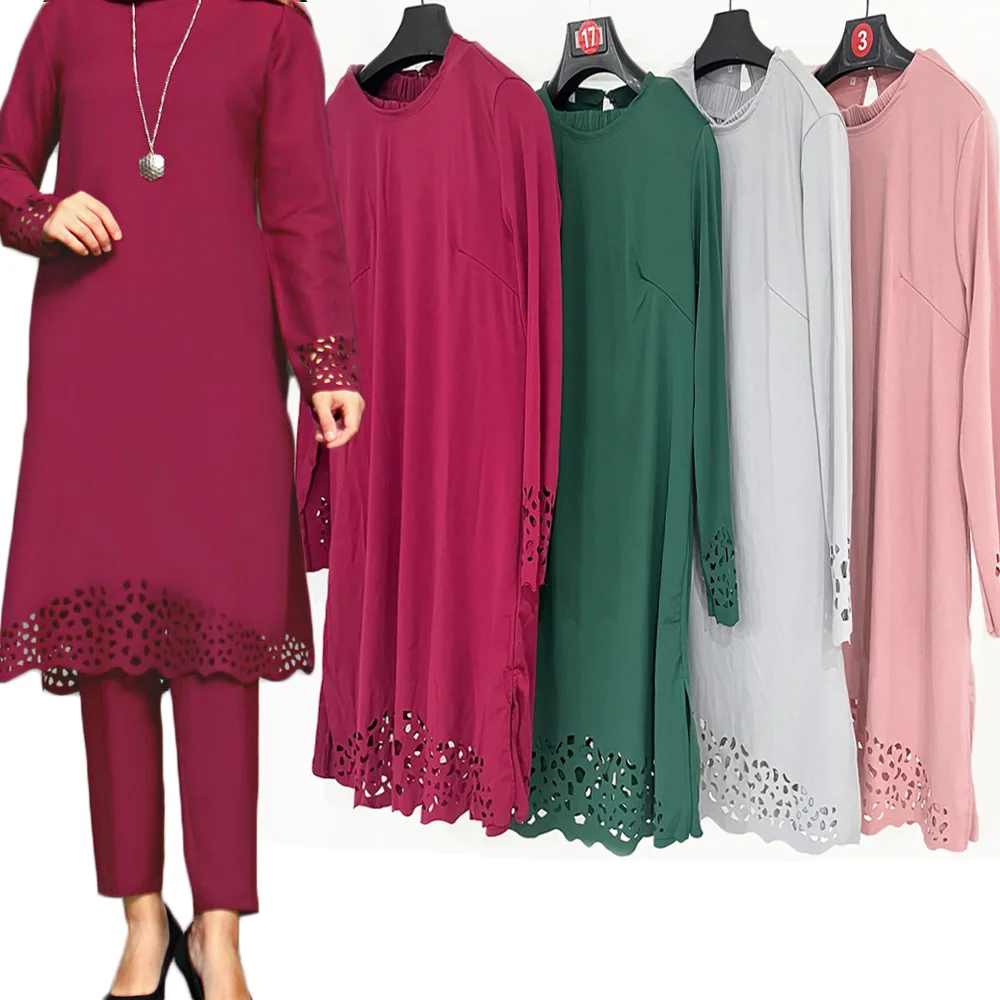 Middle Eastern Muslim Suit Abaya Burning Dress Two-piece Sets Casual Loose Large Size Crew Neck Suit