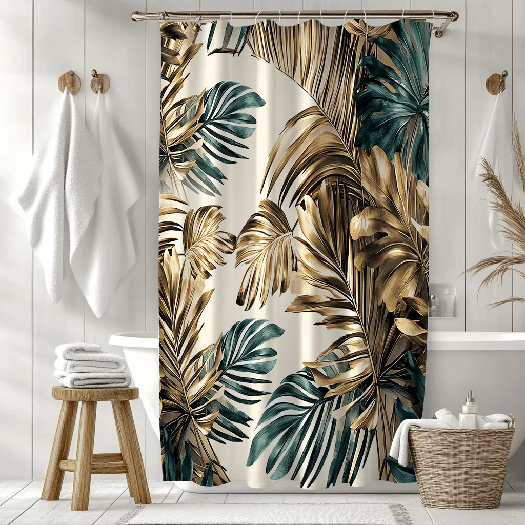

Цельная занавеска для душа в богемном стиле с роскошным зеленым и золотым листом, занавеска для душа с цифровым принтом, декор для ванной комнаты в стиле аркада