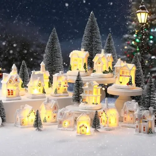 2026 Christmas Resin Ornament LED Lighted Xmas Village Set White Houses Tabletop Fairy Garden Indoor Winter Holiday Decor Gift