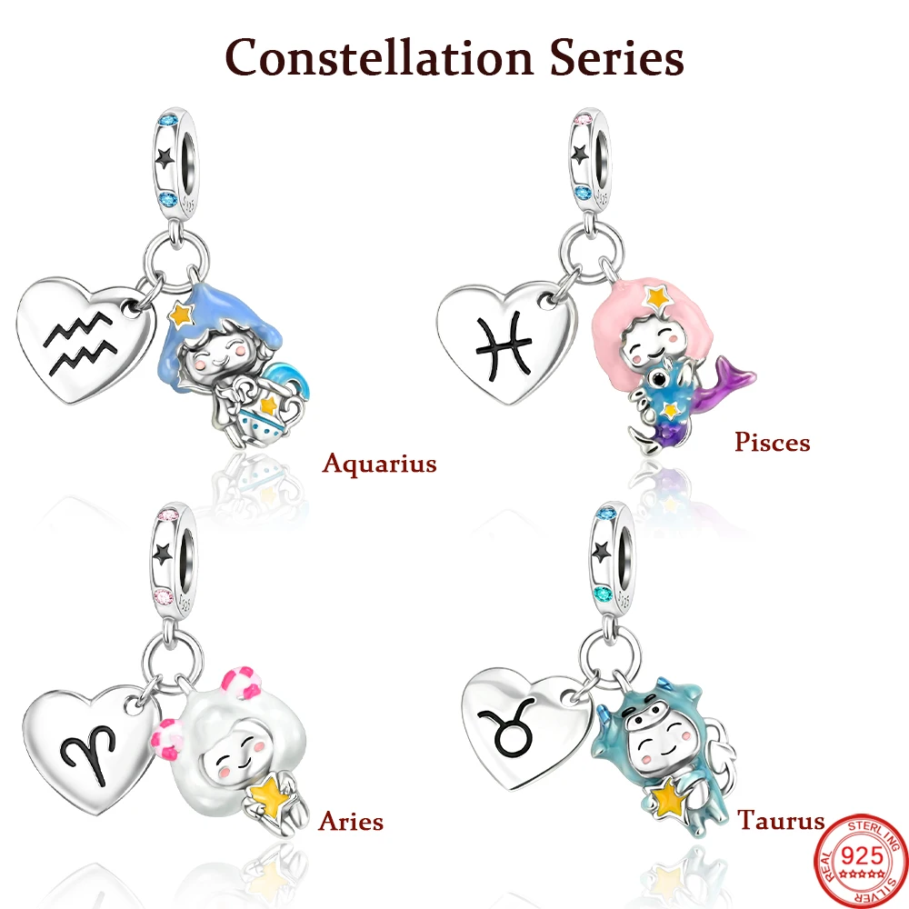 Fantastic 925 Sterling Silver Aquarius Pisces Aries Taurus Lucky Horoscope Dangle Charm Original Bracelet Birthday Gift Friend