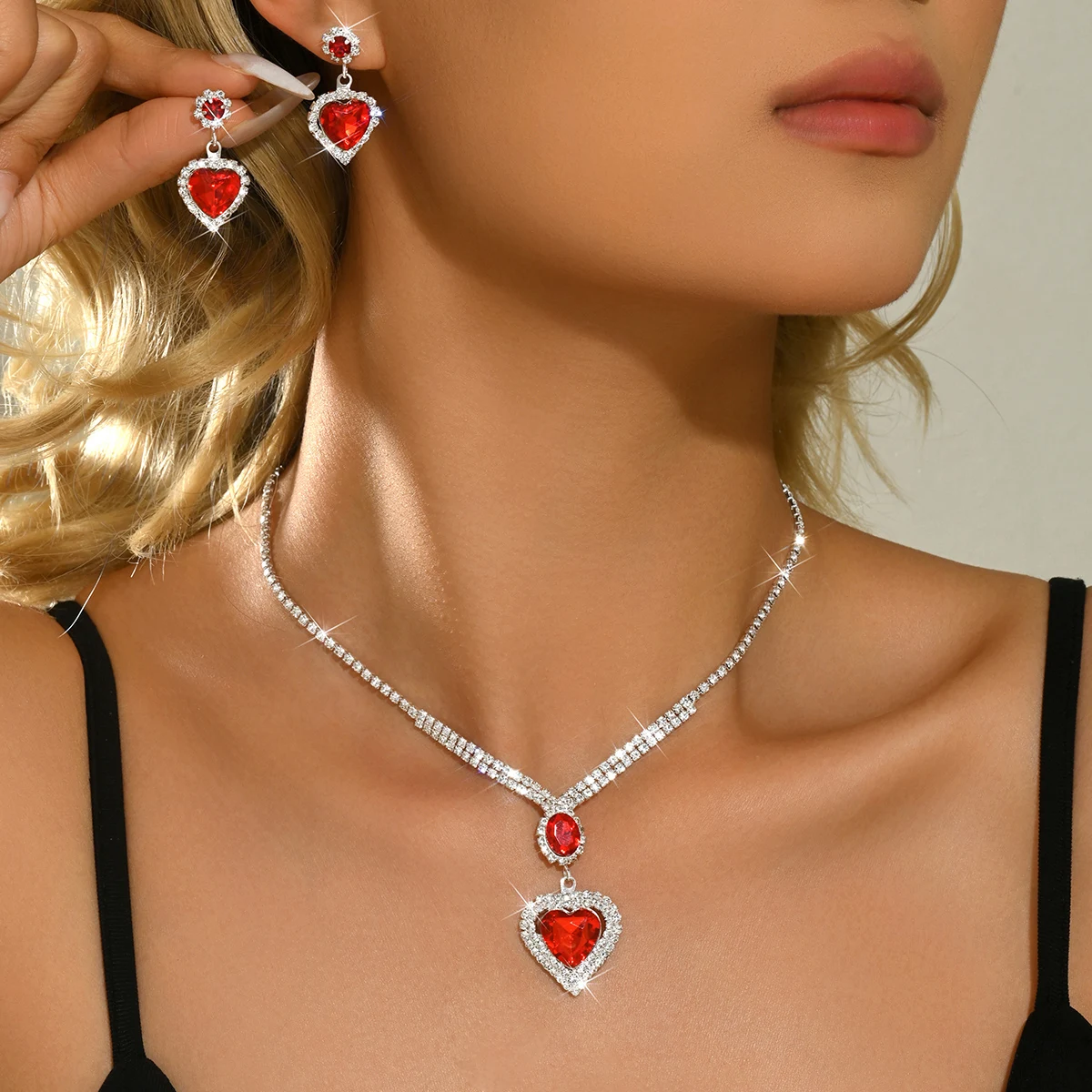 Flame Red Love Necklace Earrings Two Piece Set Summer Sweet Cool Enthusiastic Party Personalized Accessories