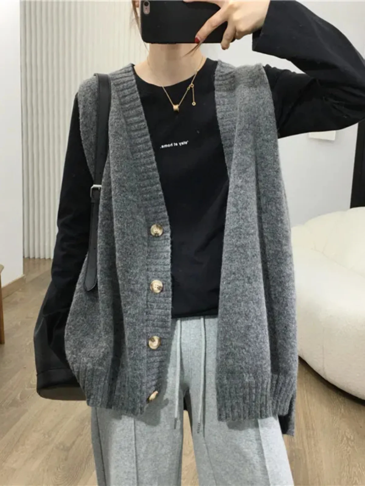 

Женский вязаный шерстяной жилет V-Ne, свободный кардиган, верхняя одежда, осенняя мода, повседневный однотонный кардиган, длинная длина