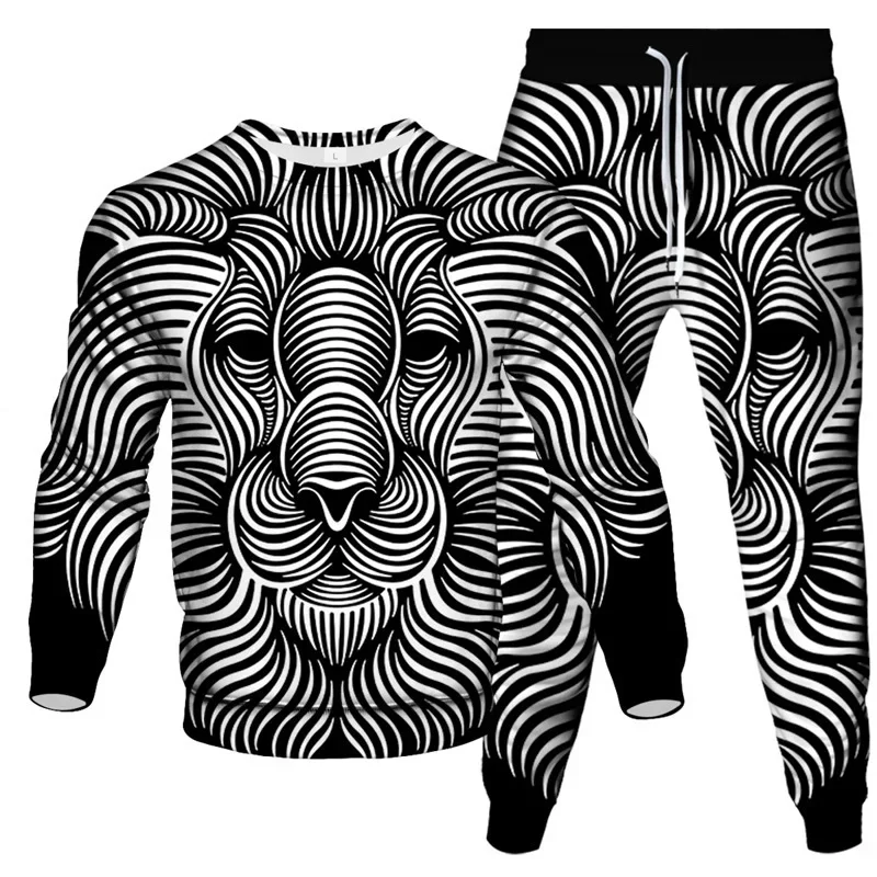 Tracksuit 2 Piece Suit Spring Autumn Fashion Sweatshirt Trousers Casual Animal Lightning Lion 3D Print Men Outoor Clothes Set