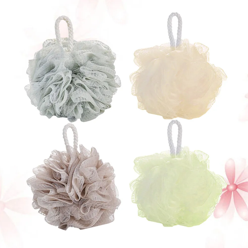 4Pcs Bath Ball Solid Color Large Mesh Pouf Shower Sponge Soft Comfortable Skin Cleaning Quick-Dry Bath Supplies Relaxing Strap