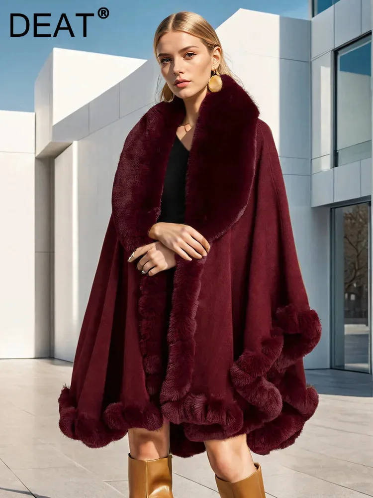 DEAT Fashion Imitation Otter Rabbit Fur Collar Shawl Women's Big Size Wine Red Irregular Cloak Winter 2024 New Tide 7AB6580