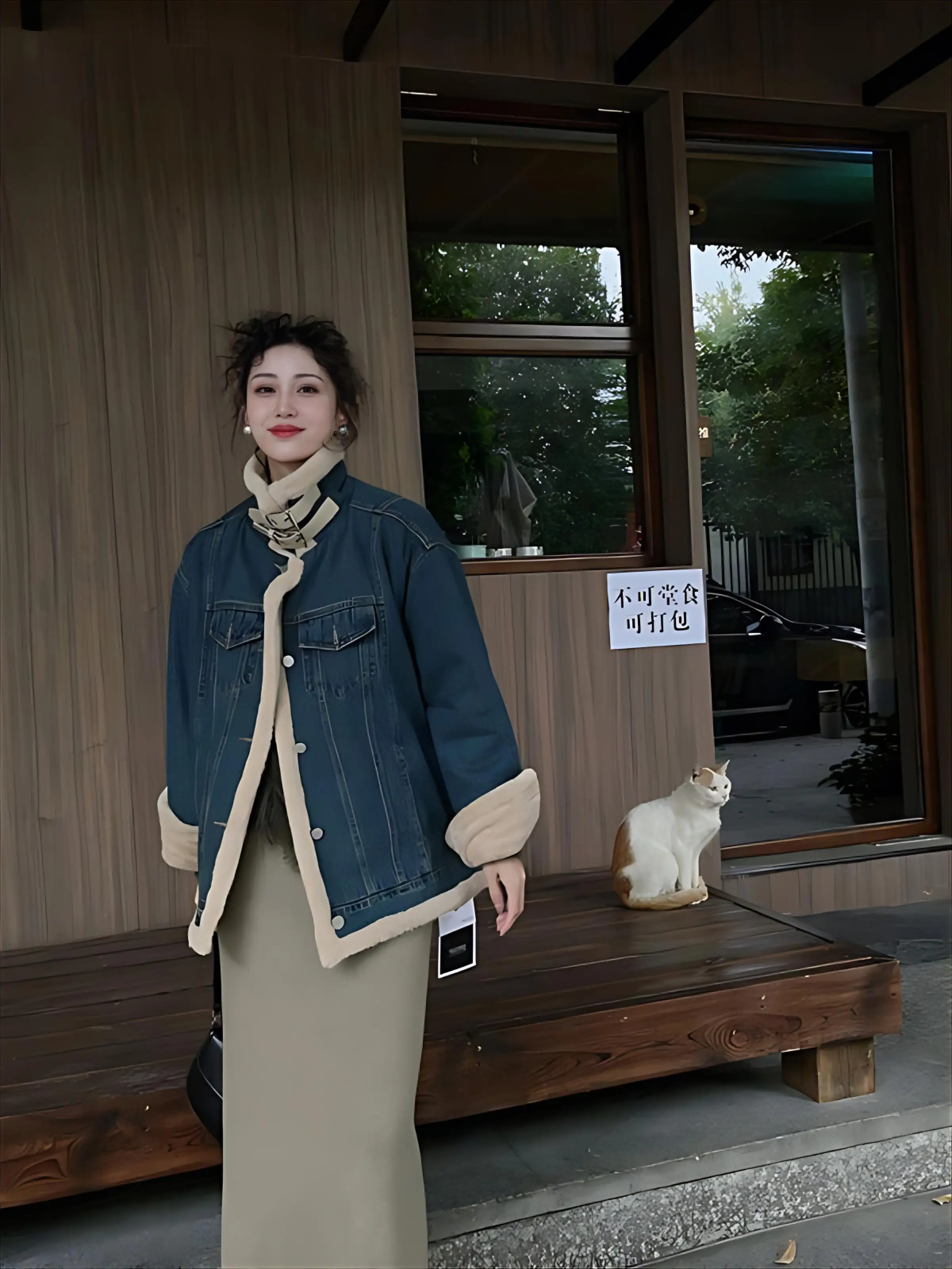 

Джинсовое пальто с мехом и капюшоном, плюшевое женское осеннее плиссированное минимализм, городская социальная сборка, воротник на пуговицах, пояс для похудения, OL