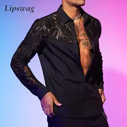 Sexy See Through Mesh Shirts Mens Long Sleeve Embroidery Mesh Lace Shirt For Men Spring Autumn Fashion Buttoned Lapel Cardigans