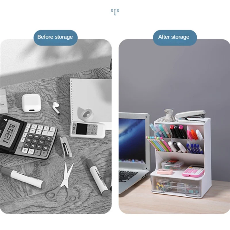 Desk Organizer, Desk Pen Holder, Pencil Organizer With 7 Compartments And 1 Drawer For School, Dormitory Storage Rack