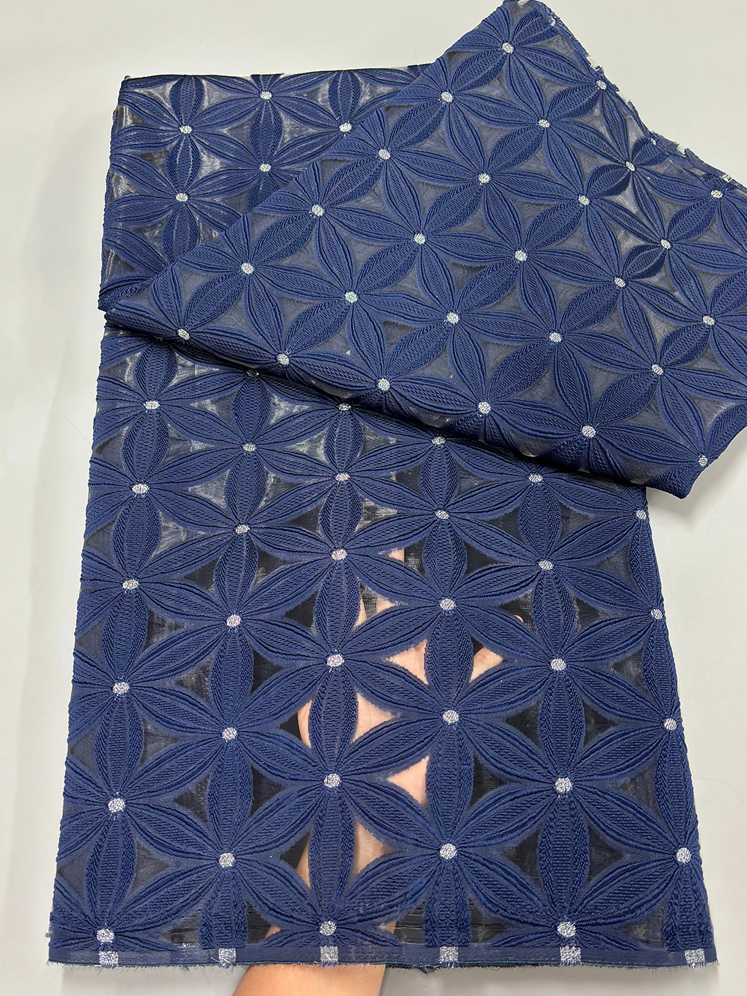 

Luxury Nigerian Organza Jacquard Lace Fabric 2025 High Quality Navy Blue African Gilding Brocade Lace Fabric French Tulle Lace