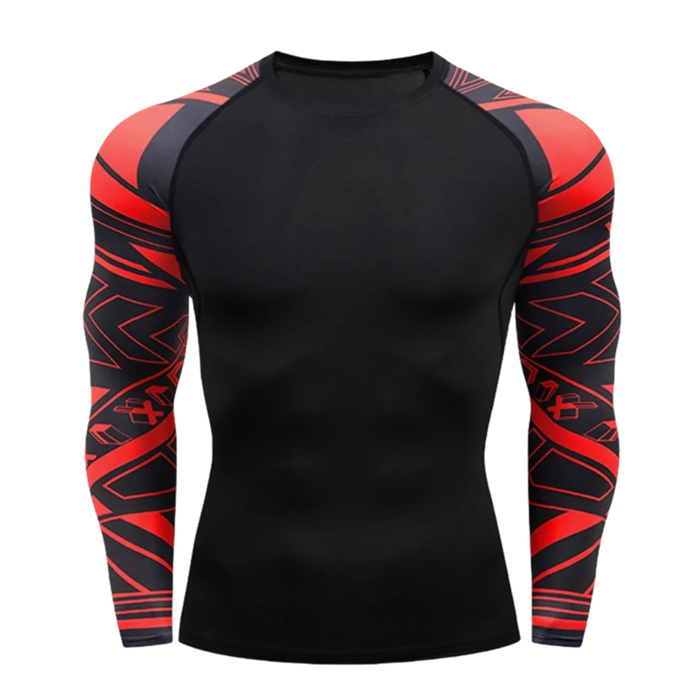 Men Bodybuilding Compression Tee Contrast Printed Raglan Long Sleeve Tops Breathable Elastic Gym Training Workout Undershirt