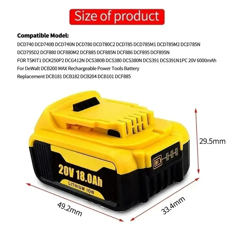 20V 18.0 Ah MAX Battery Power Tool Ersatz for DeWalt DCB184 DCB181 DCB182 DCB200 20V 18A 18Volt 20v Battery