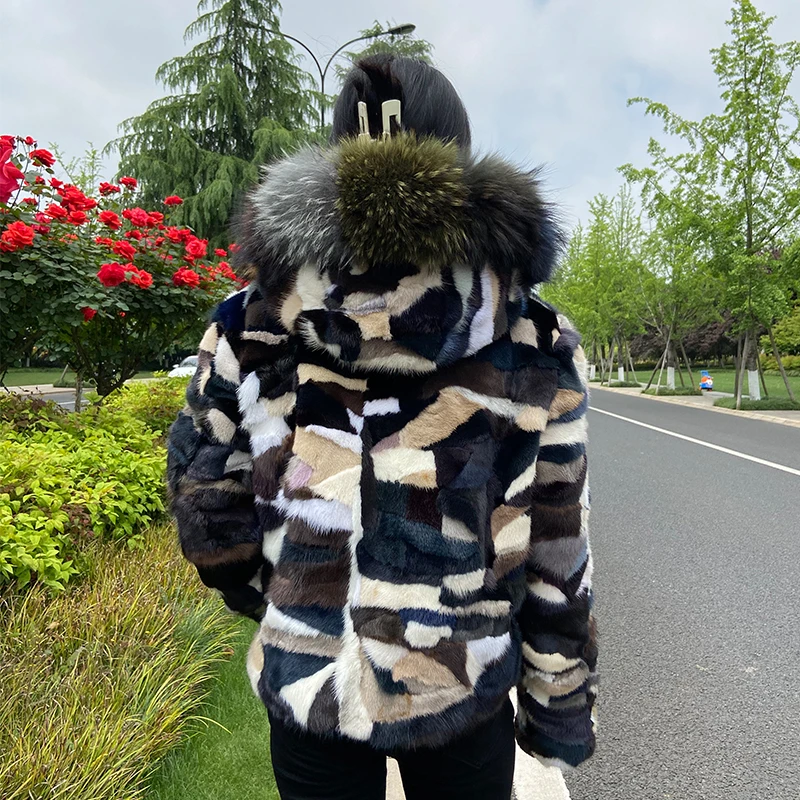 2022 Winter New Real Colorfu Mink Fur Coat Women Luxury Mink Fur Coat Fur Jacket With Bigger Hood and Raccoon Fur Collar