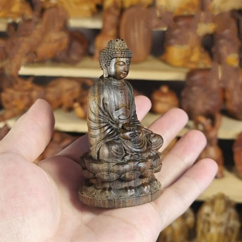 3.1" Indonesian Dala Dry Agarwood Carving Buddha Rulaifo Statue Fengshui Decor