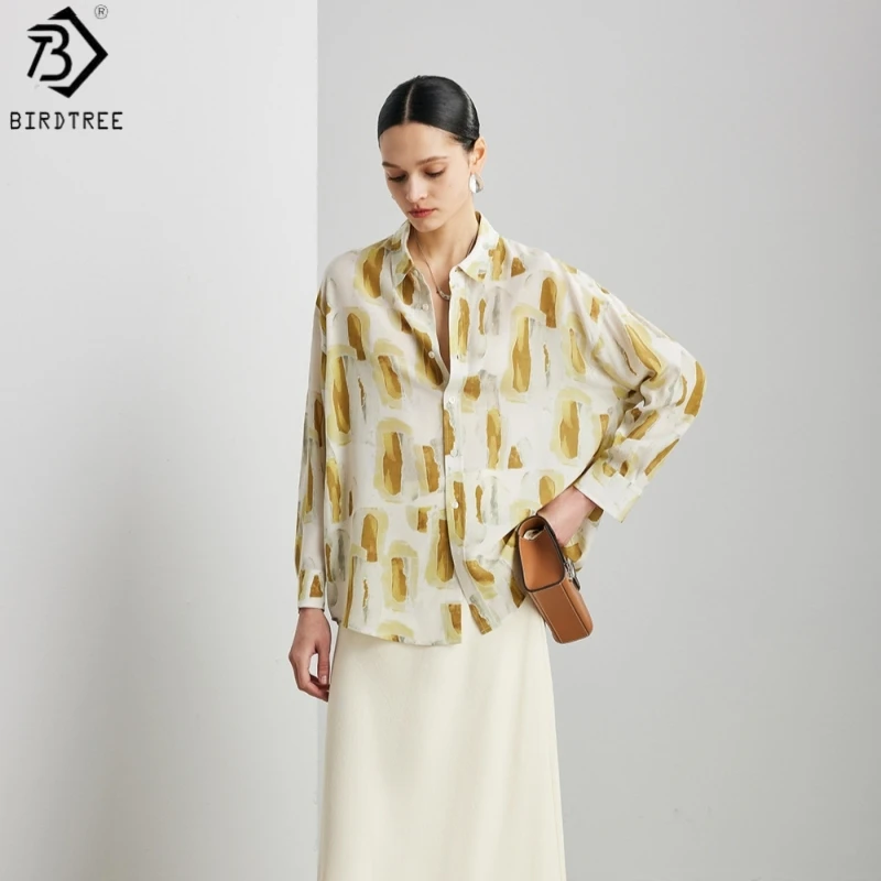 Birdtree, 100% Real Silk Blouse, Print Lapel Thin Tops, Women Double Crepe Full Sleeve Shirt, Commuting Style, 2026 New T63514JF