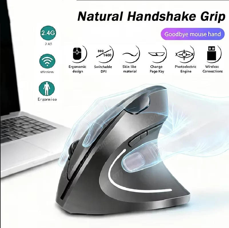 Wireless Bluetooth Vertical Mouse 2.4G Ergonomic Side Grip Silent Rechargeable Gaming Laptop PC Computer Adjustable DPI