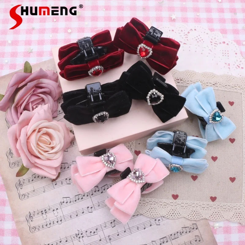 

Sweet Cute Girl Hair Accessoires Kawaii Barrettes lolita Velvet Heart Shape Rhinestone Small Jaw Clip Female Hairclips A Pair