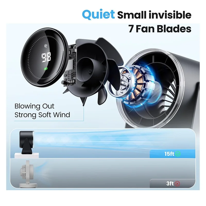 ABJY-배터리 작동식 책상 팬, 사무실, 가정용 조용한 디스플레이 휴대용 팬, 100 속도 115 °   틸트 테이블 팬