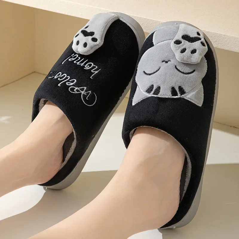 Women Winter Warm Slippers Cartoon Cat Shoes Furry Plush Slides Round Toe Flats Indoor Home Bedroom Floor Slippers Ladies Shoes