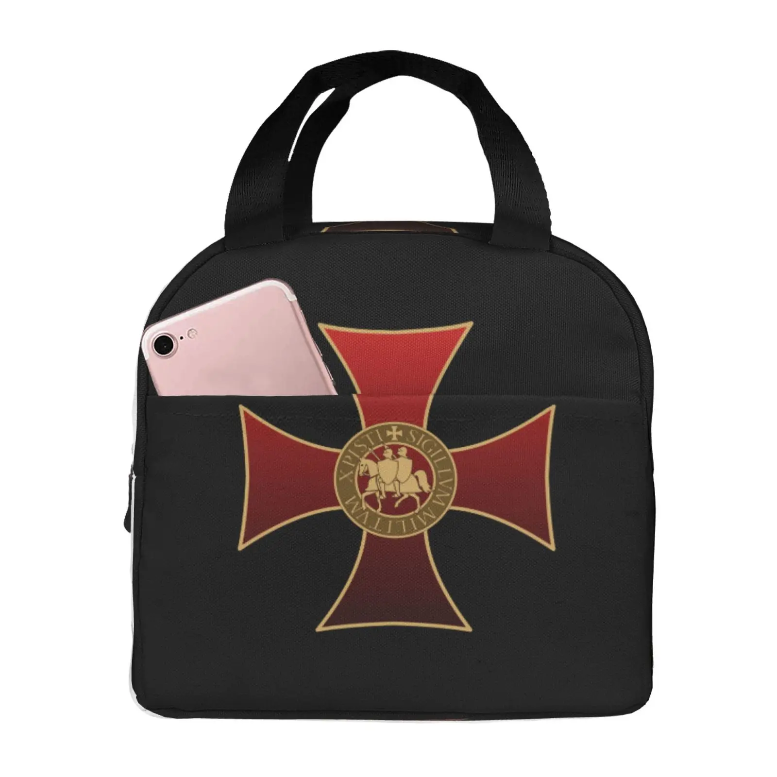 Knights Templar Badge Red Cross Print Lunch Tote Bag Insulated Leakproof Lunch Box Container with Front Pocket for Girls Boys