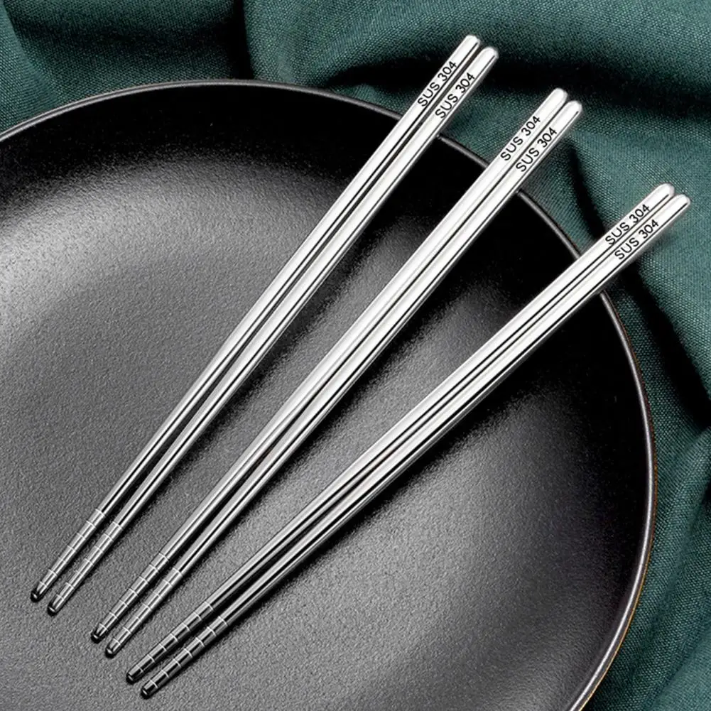 Non-slip Chopstick Set Stainless Steel Chopsticks Set with Engraved Non-slip Tips Reusable Metal Utensils for Home for Cooking