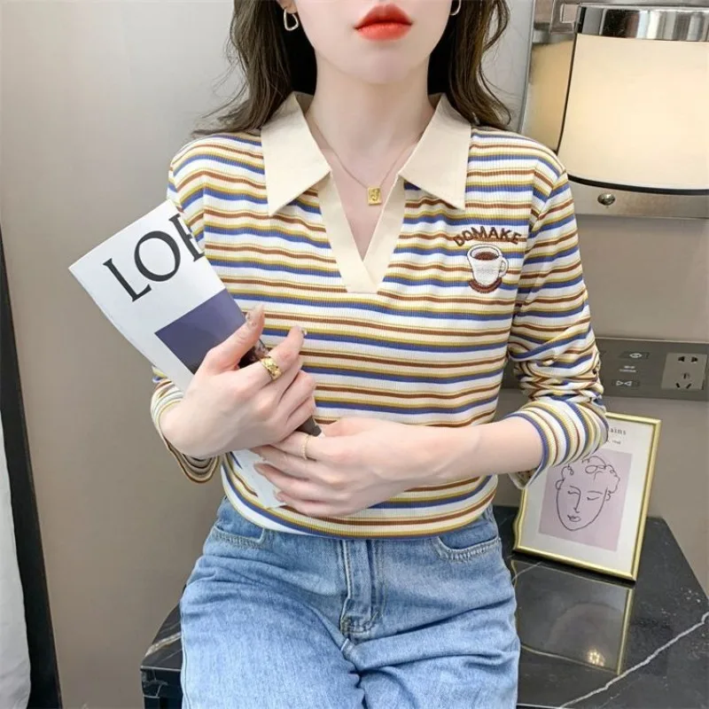 

Women’s Striped Cotton Polo Shirt Long Sleeve Turn Down Collar Casual Blouse Fashion Fit Spring Autumn Top for Daily Wear​