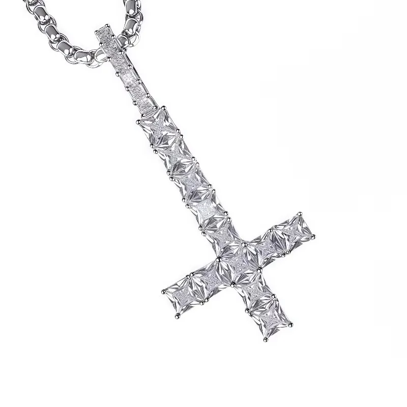 Iced Out Inverted Cross Pendant Necklace Pearl Beaded Chain Rope Chain Cut Rhinestone Reverse Cross Charm Hip Hop Gothic Jewelry