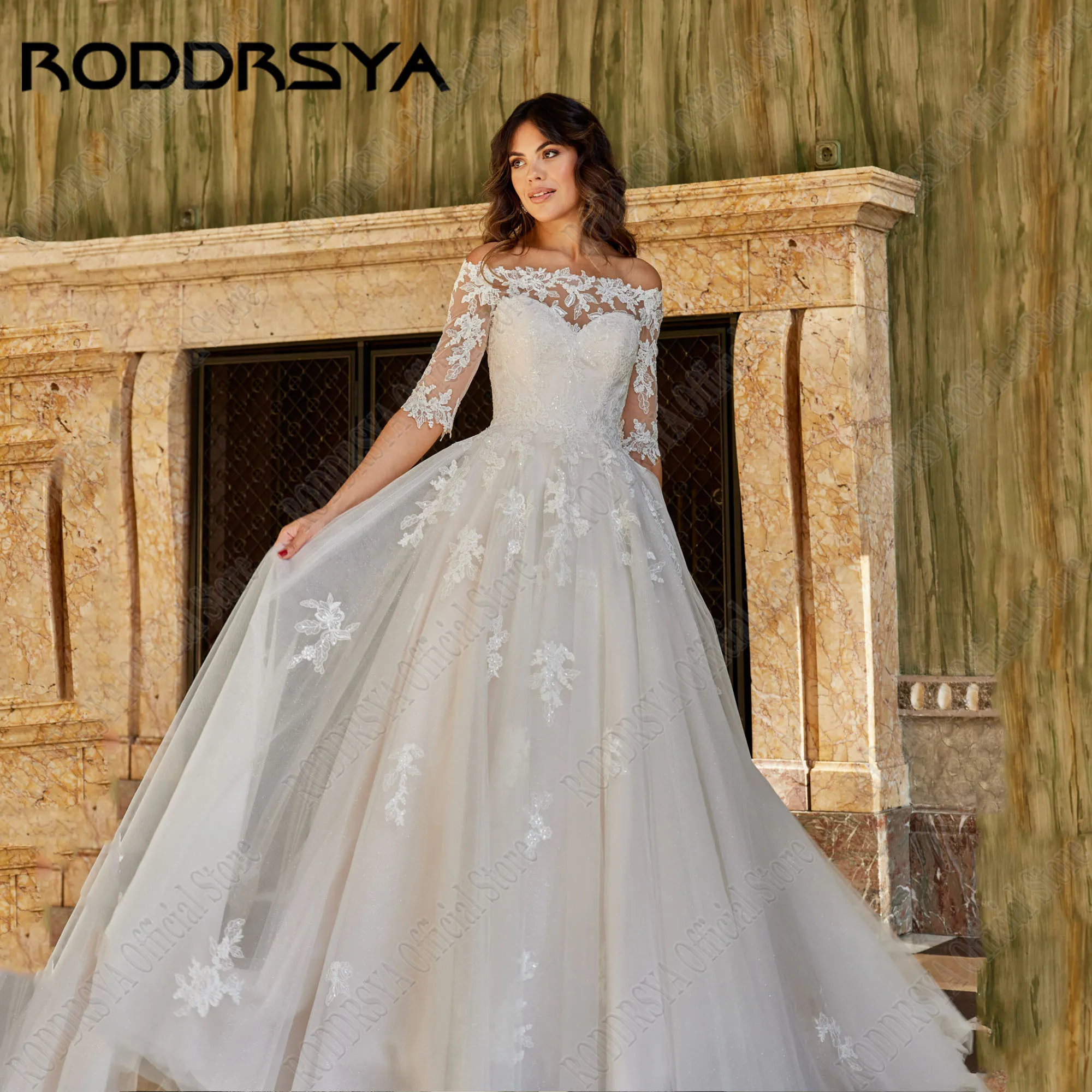 

RODDRSYA Lace Elegant Wedding Gowns A-Line Boat Neck 3/4 Sleeves Illusion Back Bride Dress Robe De Mariée Applique Glitter Tulle