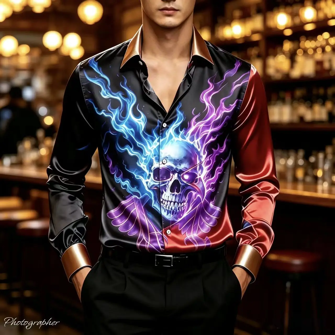 Men Fashion Button‑Up Shirt Neon Skull Flame Print Long Sleeve Turn‑down Collar Casual Top Night Gathering Wear