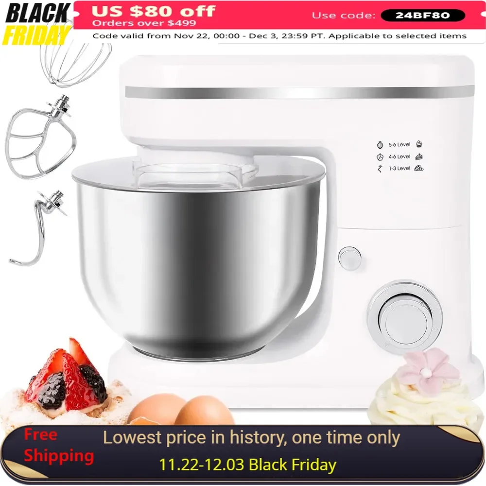 

6.4QT Electric Food Mixer, 700W 6-Speed Food Mixer with Stainless Steel Bowl with Dough Hook, Wire Whip & Beater, Stand Mixer