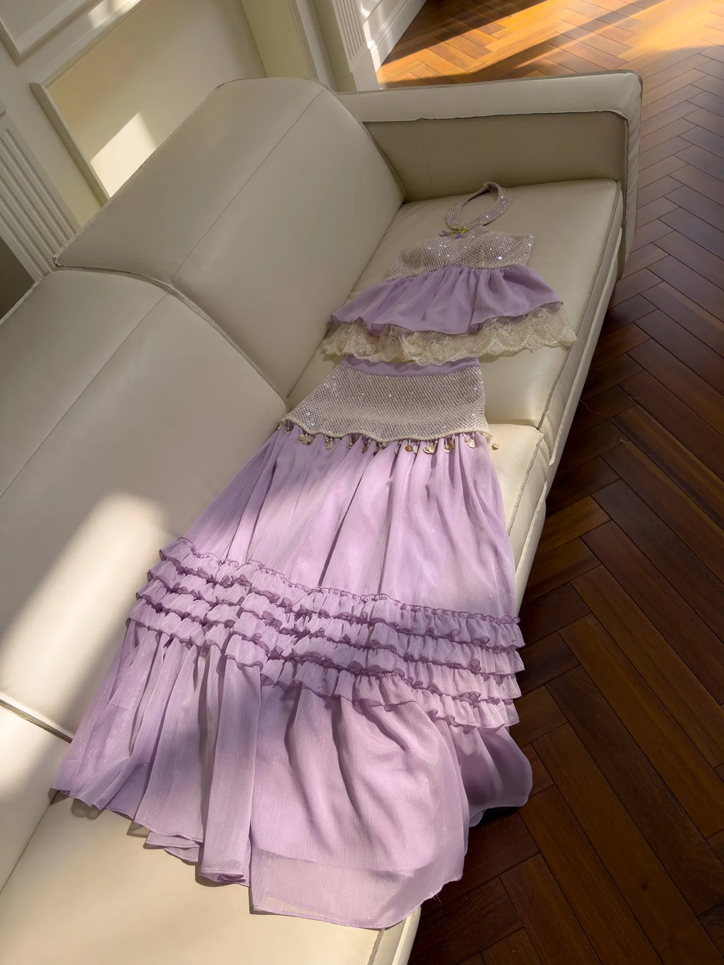 

Heavyweight Summer Atmosphere Sequin Necklace Gentle 3D Flower High Waist Fringe Half Skirt Set Korean Style Wedding Dress