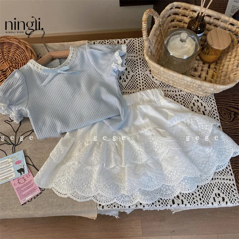 

Children's Clothing New Summer Girls' Puff Sleeve Short SleeveTT-shirt Children's Western Style Lace Short Skirt Two-Piece Set