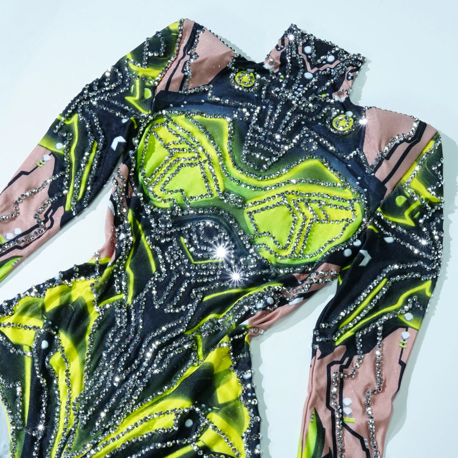 Błyszczące zielone body z nadrukiem Rhinestone Grupa tancerzy Wydajność Trykot Strój sceniczny Drag Queen Strój Nightclub Party