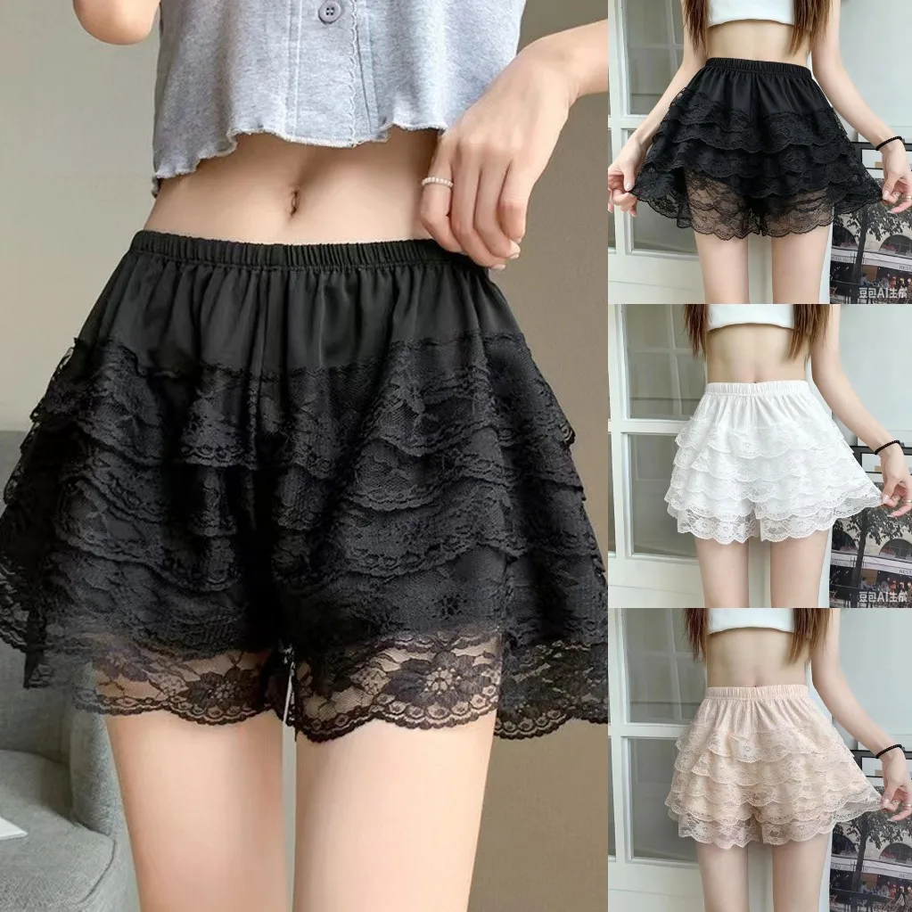 Women’s Layered Ruffle Shorts Casual Elastic Waist Solid Color Lace Bloomers Kawaii Lolita Short Pants