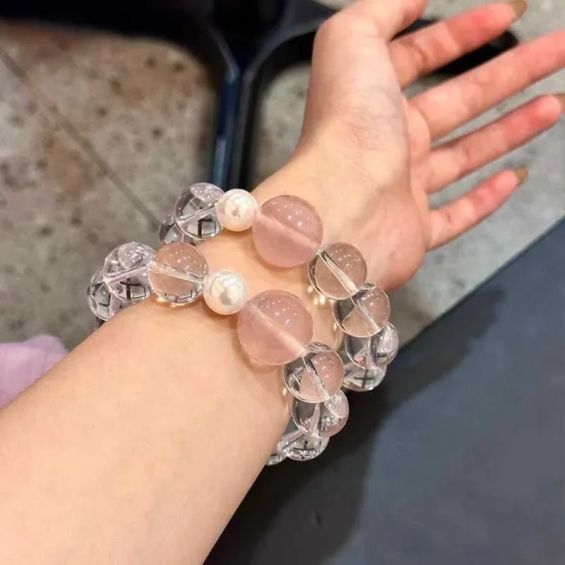 Natural White Crystal Powder Crystal Couple Bracelet Spring Festival Gift Girlfriend Premium Bracelet Niche Gift Pink