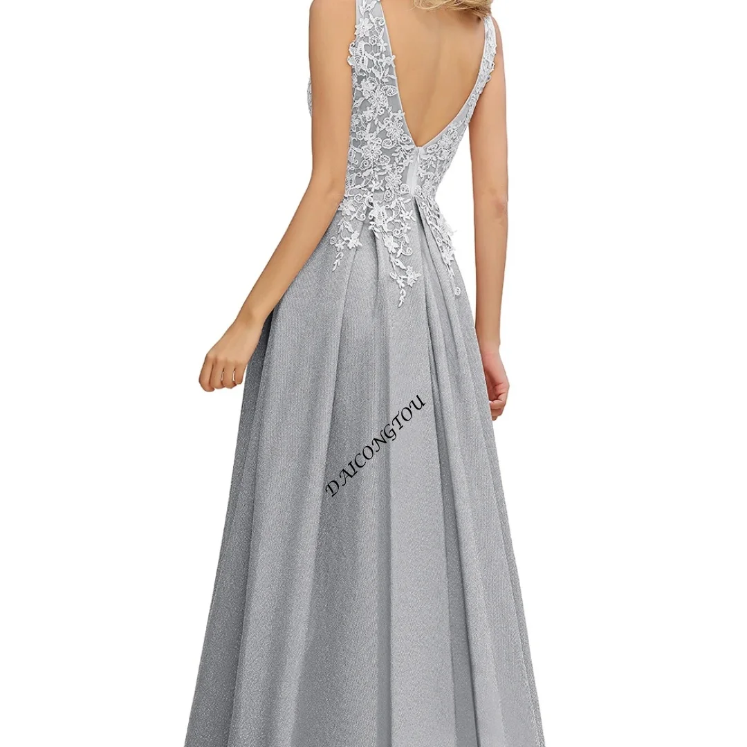 

CustomizedLurex Fabric Appliques Sleevelss Bridesmaid Dress V Neck Evening Dress Floor Length Prom Dress vestidos de fiesta