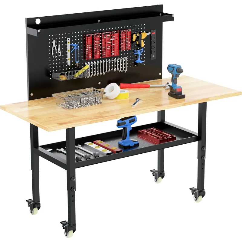 

60" Heavy Duty Adjustable Workbench with Large Pegboard& Partition, Adjustable Work Table with Power Outlets & Lockable Wheels