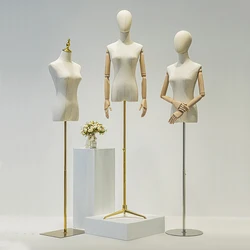 Cubierta de tela para mujer, cuerpo de Maniquí de medio cuerpo con Base cuadrada de Metal dorado para exhibición de ropa de boda, forma de vestido