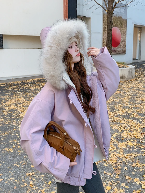 Casaco de Inverno Feminino com Gola de Pele Grande Roxa, Estilo Casual, Ajuste Solto, Comprimento Regular