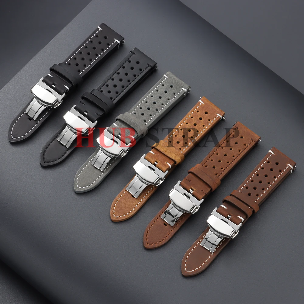 Breathable Porous Quick Release 18mm 19mm 20mm 21mm 22mm 24mm Vintage Racing Leather Watch Straps for Seiko for Rolex Watchbands image 5
