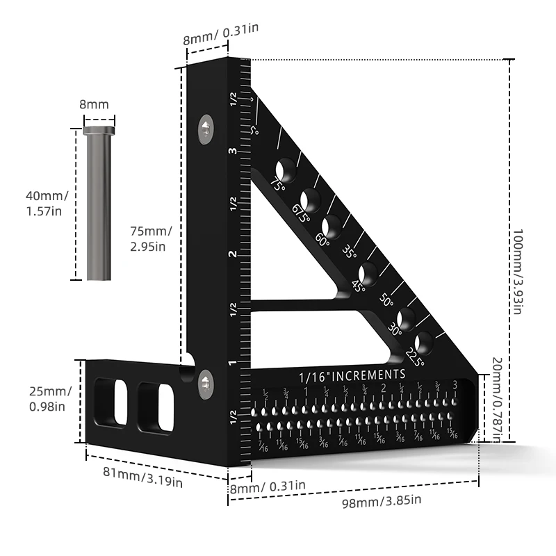 3D Multi-Angle Woodworking Square Protractor, Aluminum Alloy Miter Triangle Ruler T-Type Scriber - 22.5/30/45/60/67.5/90 Degree