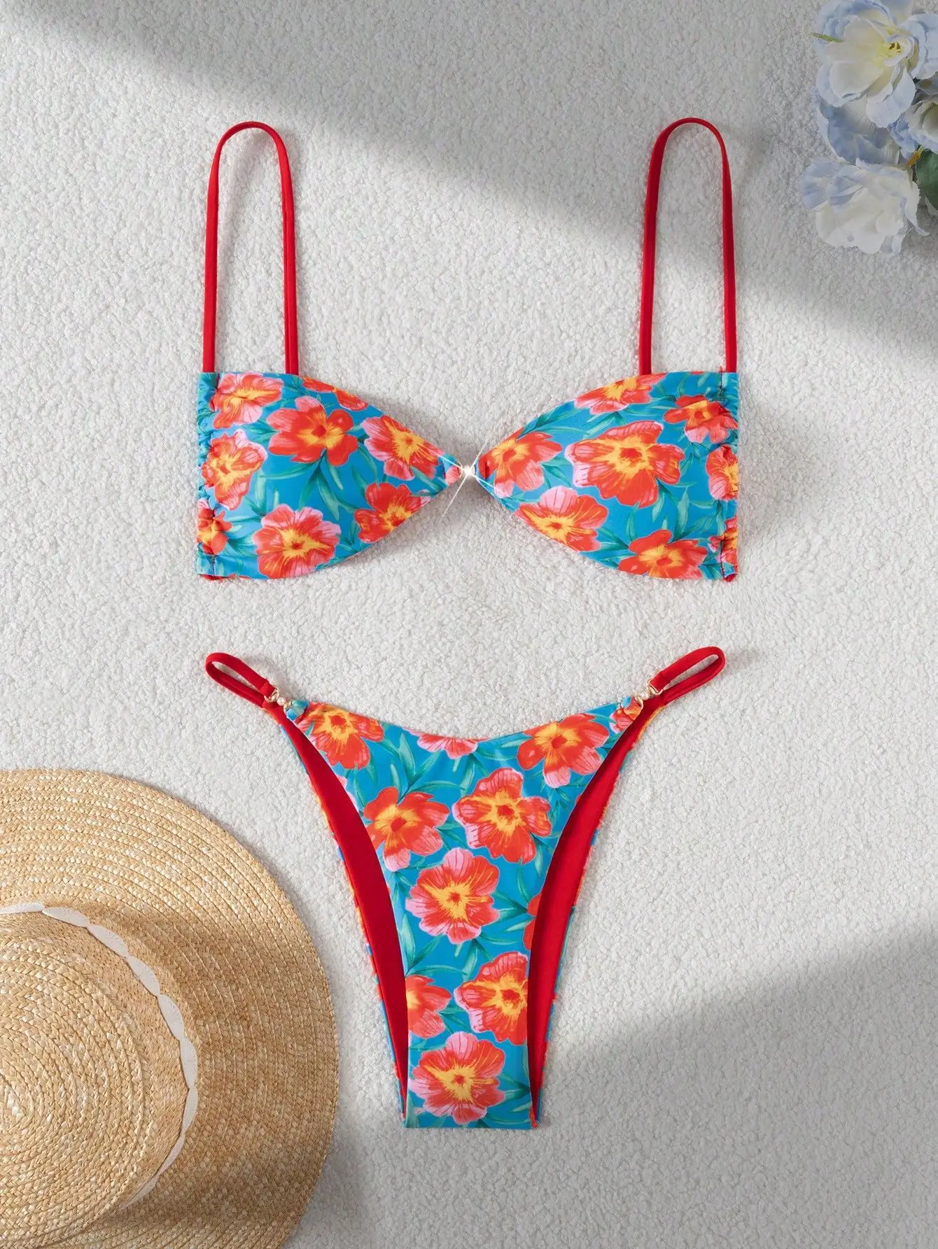 

Sexy Red Floral Print Bikini 2025 Women Front Bow Pleate Pearls Push Up Micro Swimsuit Beach Bathing Suit Thong Swimwear Biquini