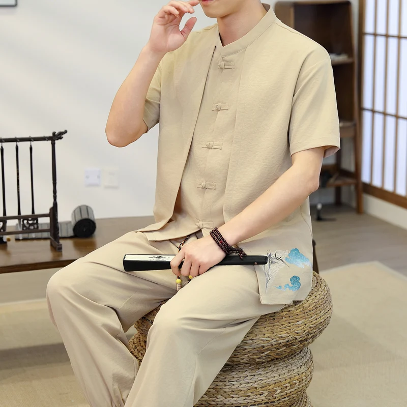 Chinese style Shirts +pants 2026 summer Sportswear Men's Casual false two-piece Sets spring Male Fashion men casual shirts