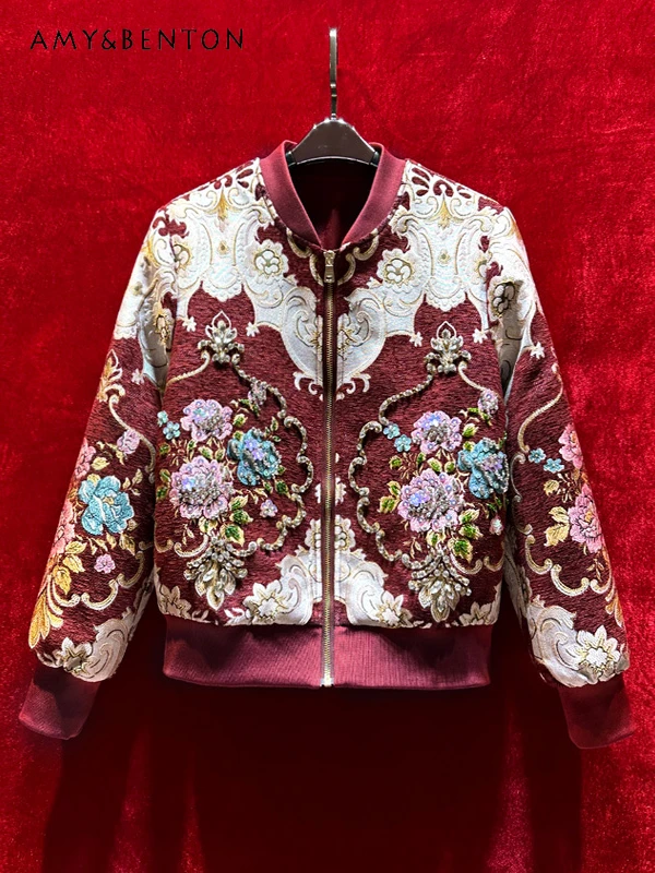 

Heavy Industry Beads Retro Embroidery Premium Versatile Red Casual Jacket 2025 Spring New Fashion Trend Loose Slim Jacket Women