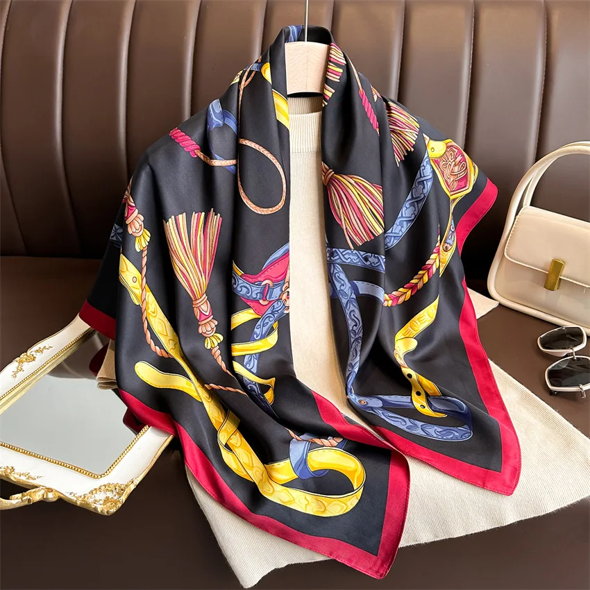 Luxury 2024 90*90cm Print Silk Scarf Headband Foulard Ribbon Wraps Hairband Neckerchief Female Shawls Bandanna Square Silk Scarf